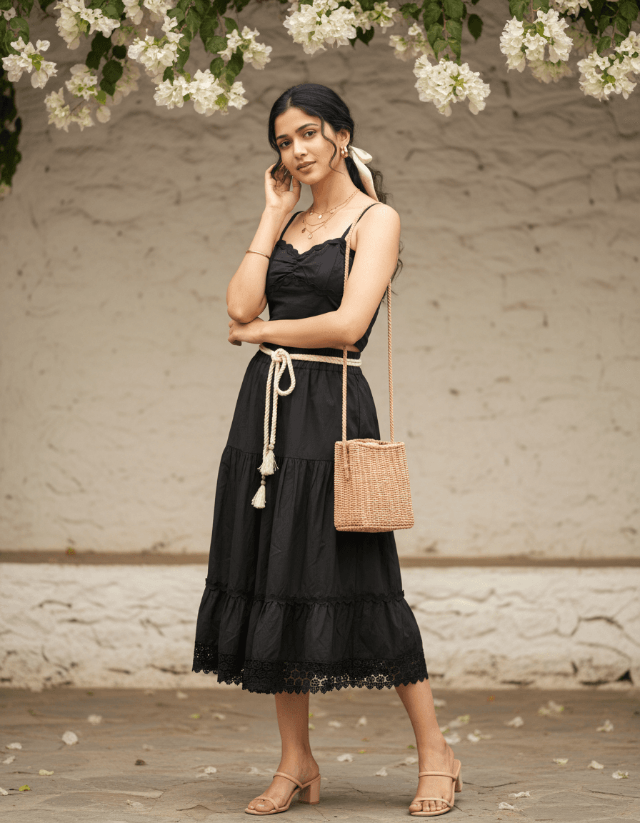 Black Midi Dress women's wear lookbook image.