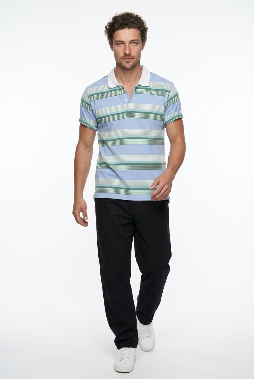 Blue Stripe Polo Shirt men's wear lookbook image.