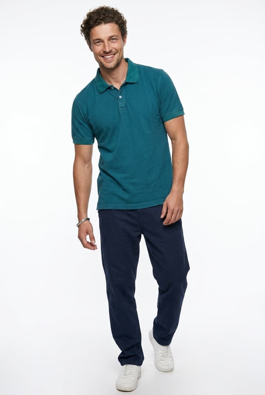 Teal Polo Shirt men's wear lookbook image.
