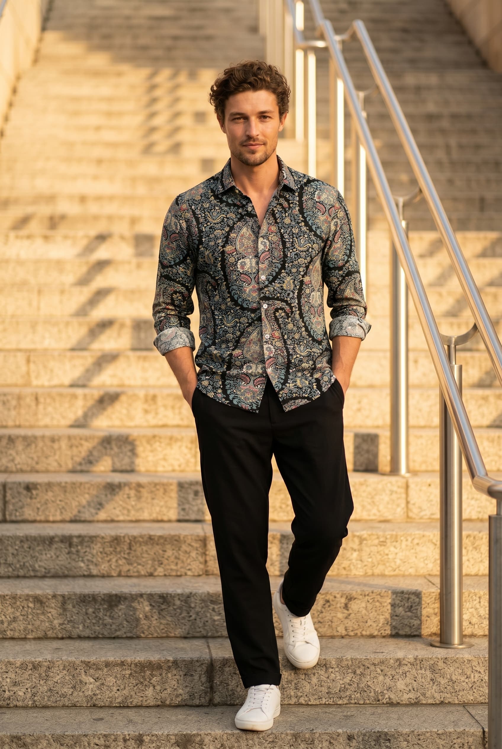 Teal Floral Resort Shirt men's wear lookbook image.