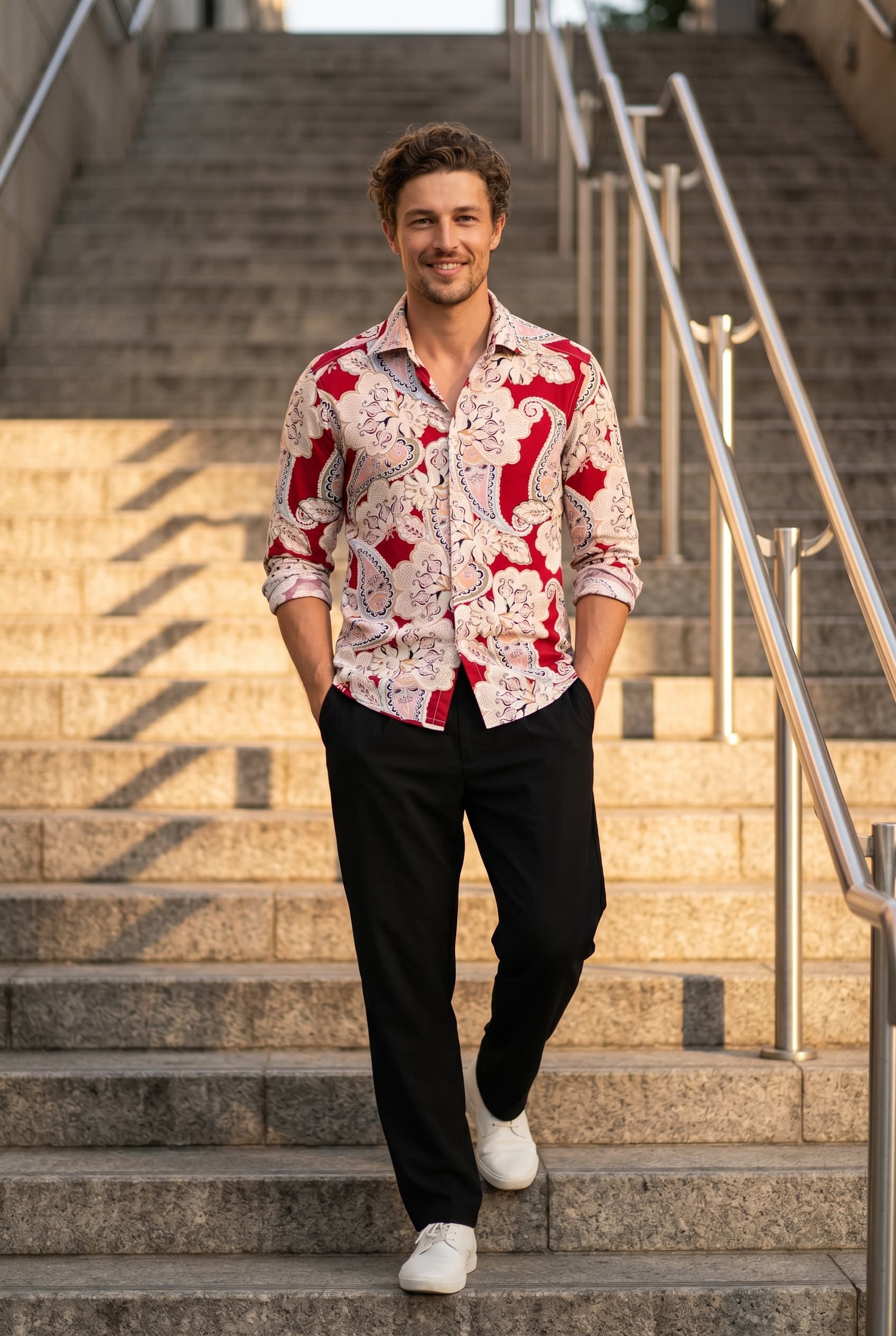 Red Floral Resort Shirt men's wear lookbook image.