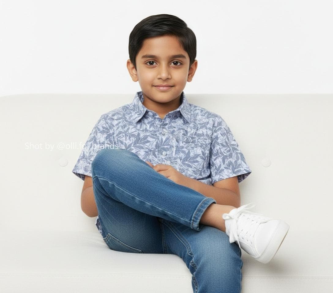 Blue Patterned Shirt and Denim kids' wear lookbook image.