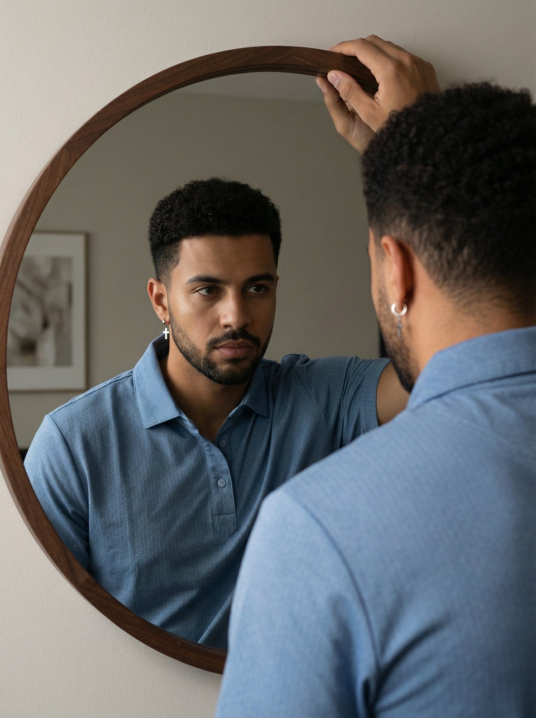 Mirror Grooming Portrait men's wear lookbook image.