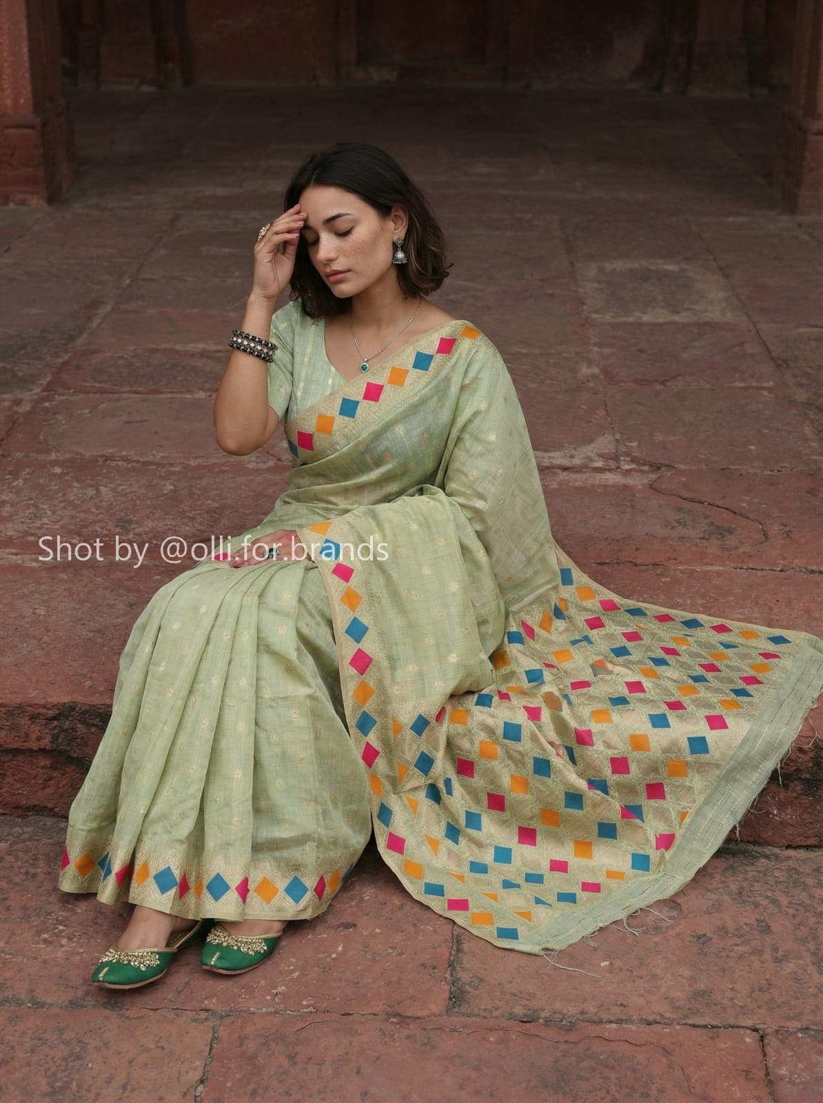Pastel Green Embroidered Saree women's wear lookbook image.