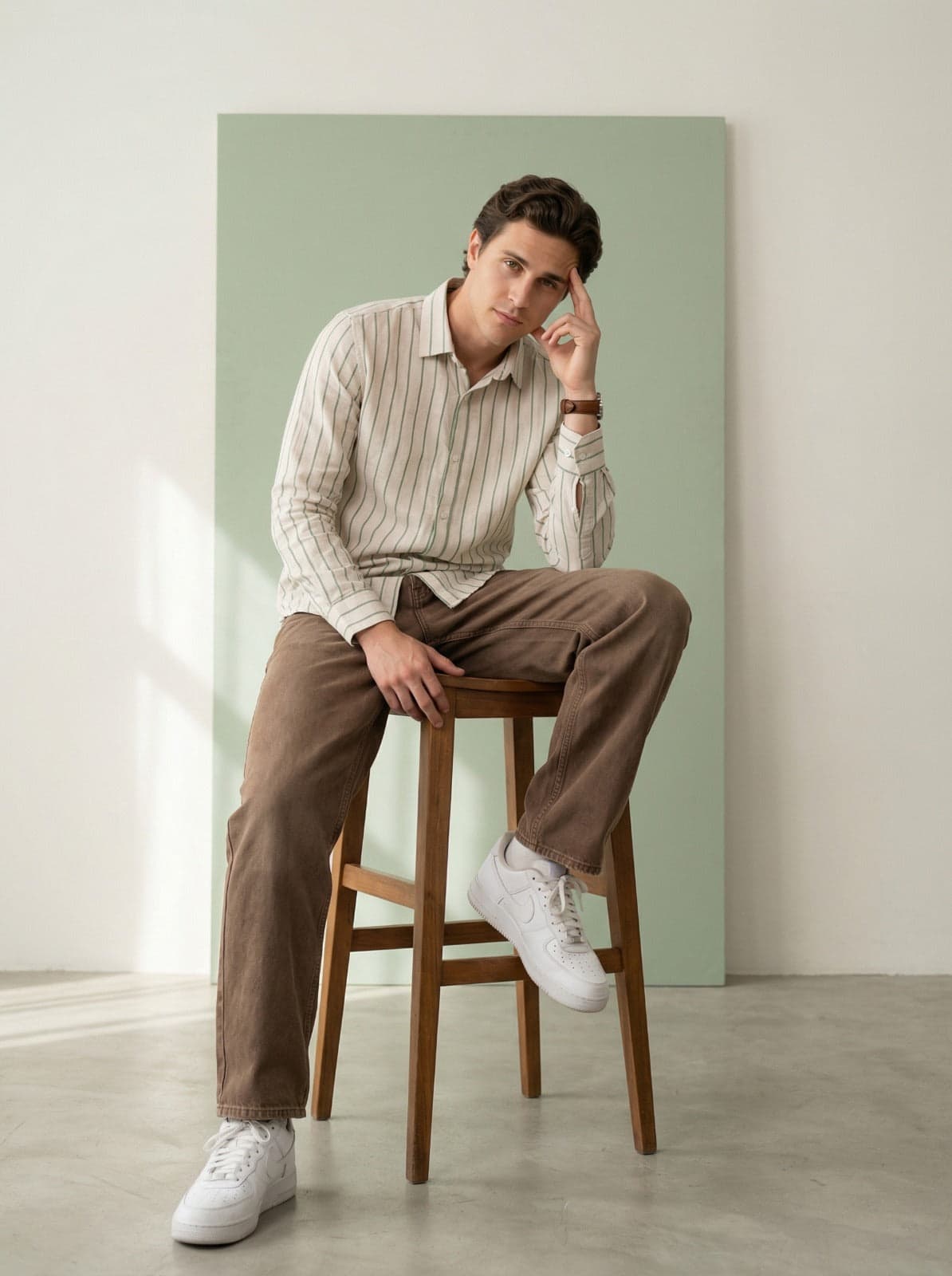 Taupe Knit Seated Look men's wear lookbook image.