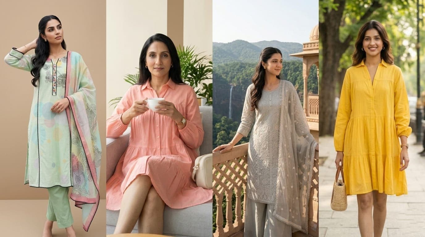 Four-panel women apparel banner showing different outfits and environments.
