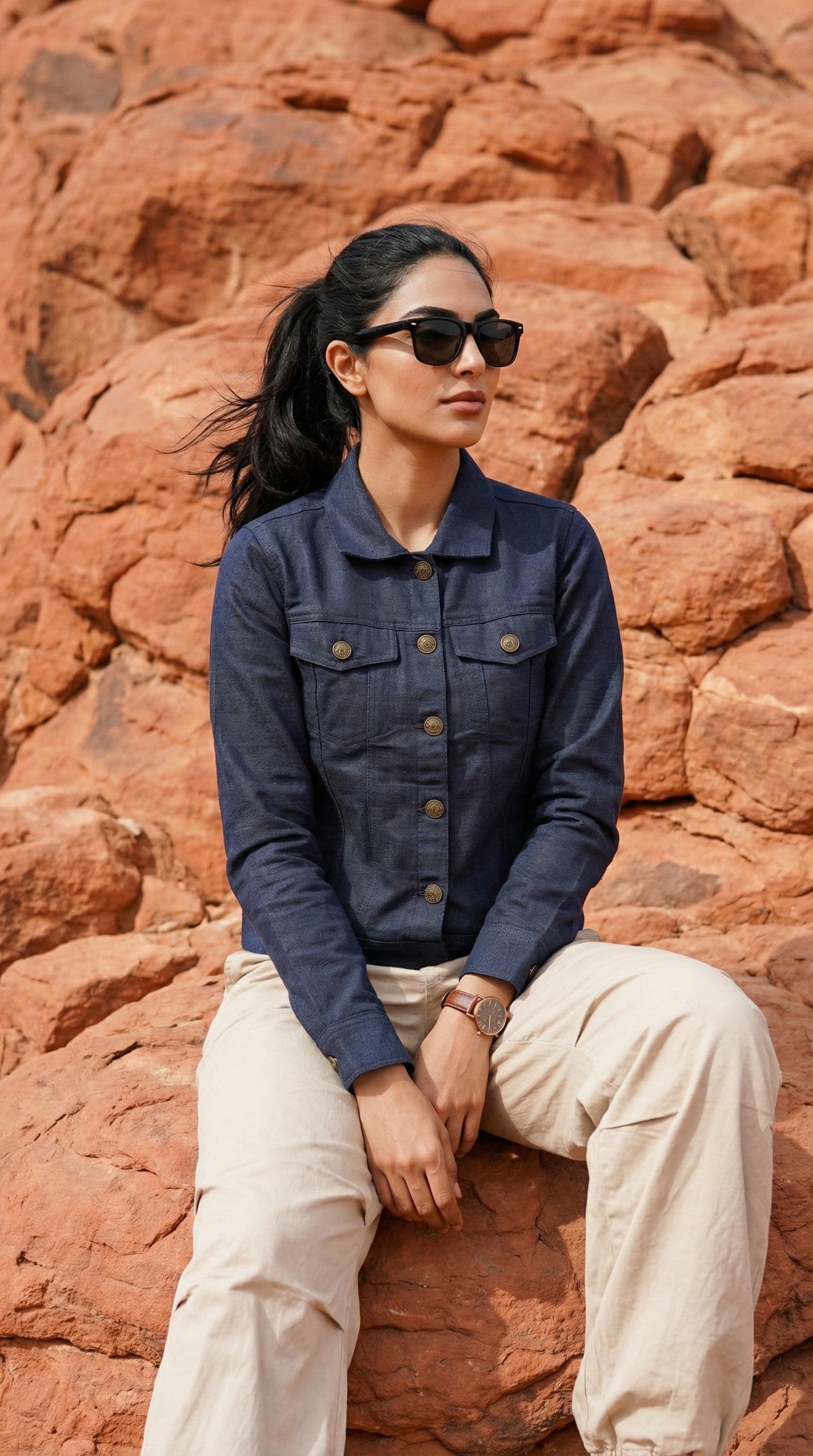 Navy Shirt and Cream Trouser women's wear lookbook image.