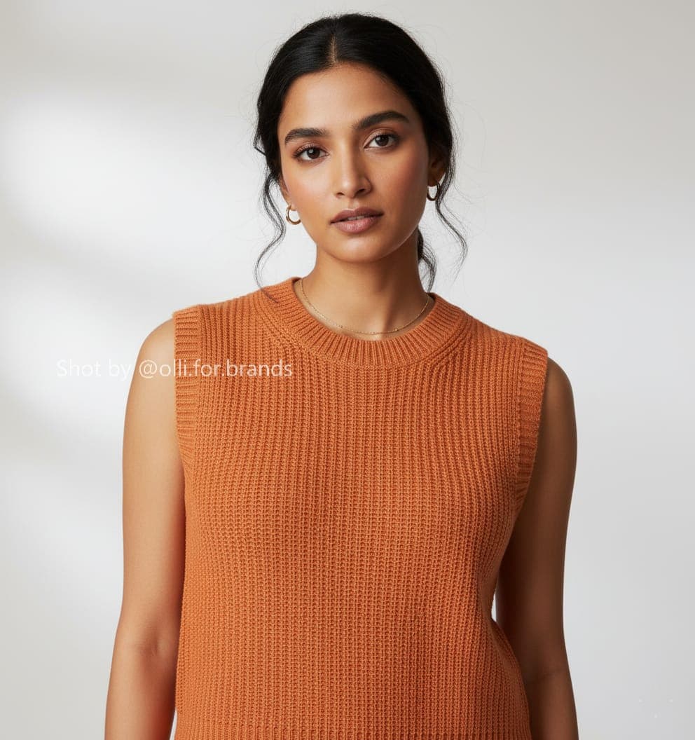 Orange Sleeveless Knit Top women's wear lookbook image.