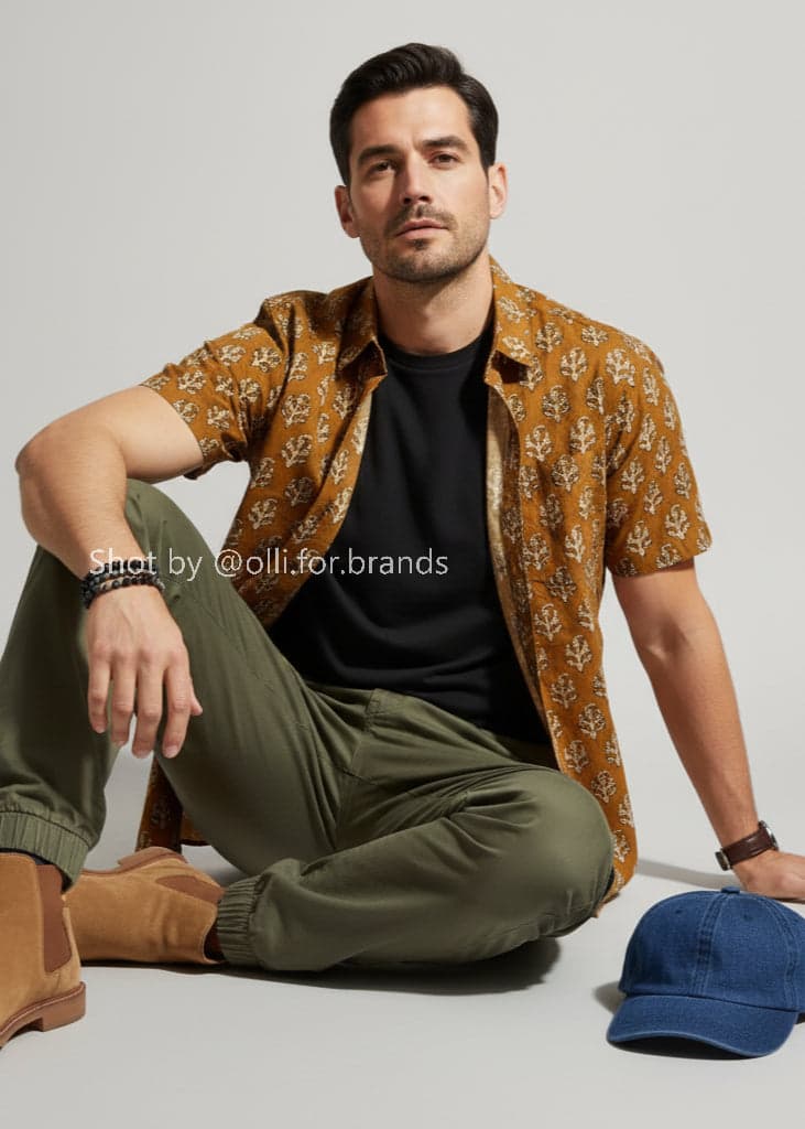 Mustard Resort Shirt and Olive Trouser men's wear lookbook image.