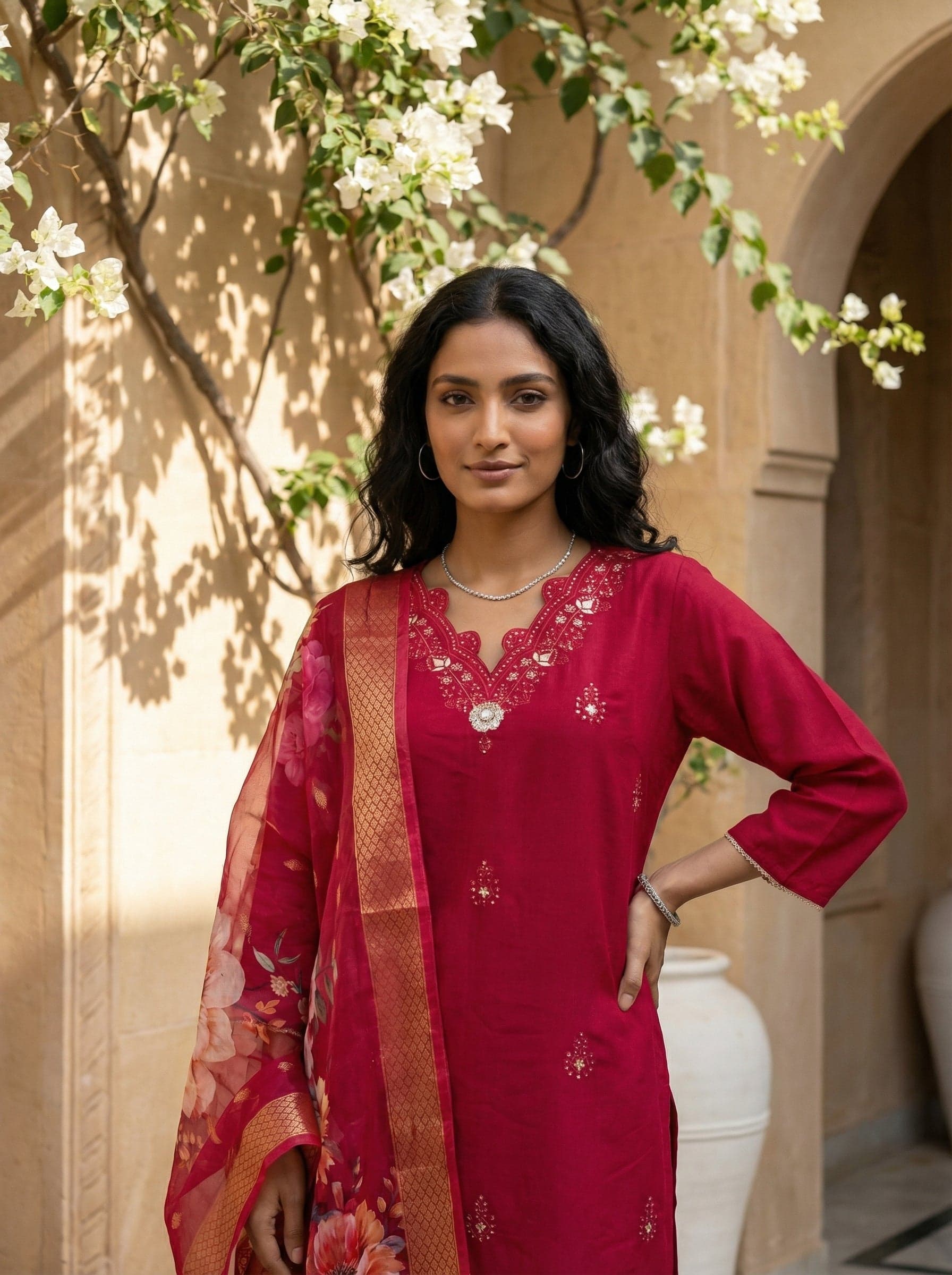 Magenta Embroidered Kurta Set women's wear lookbook image.