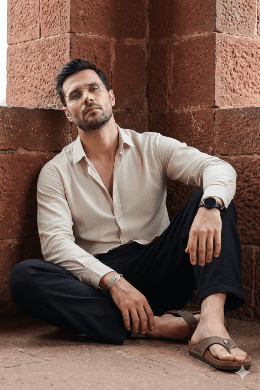 Cream Shirt and Black Trouser men's wear lookbook image.