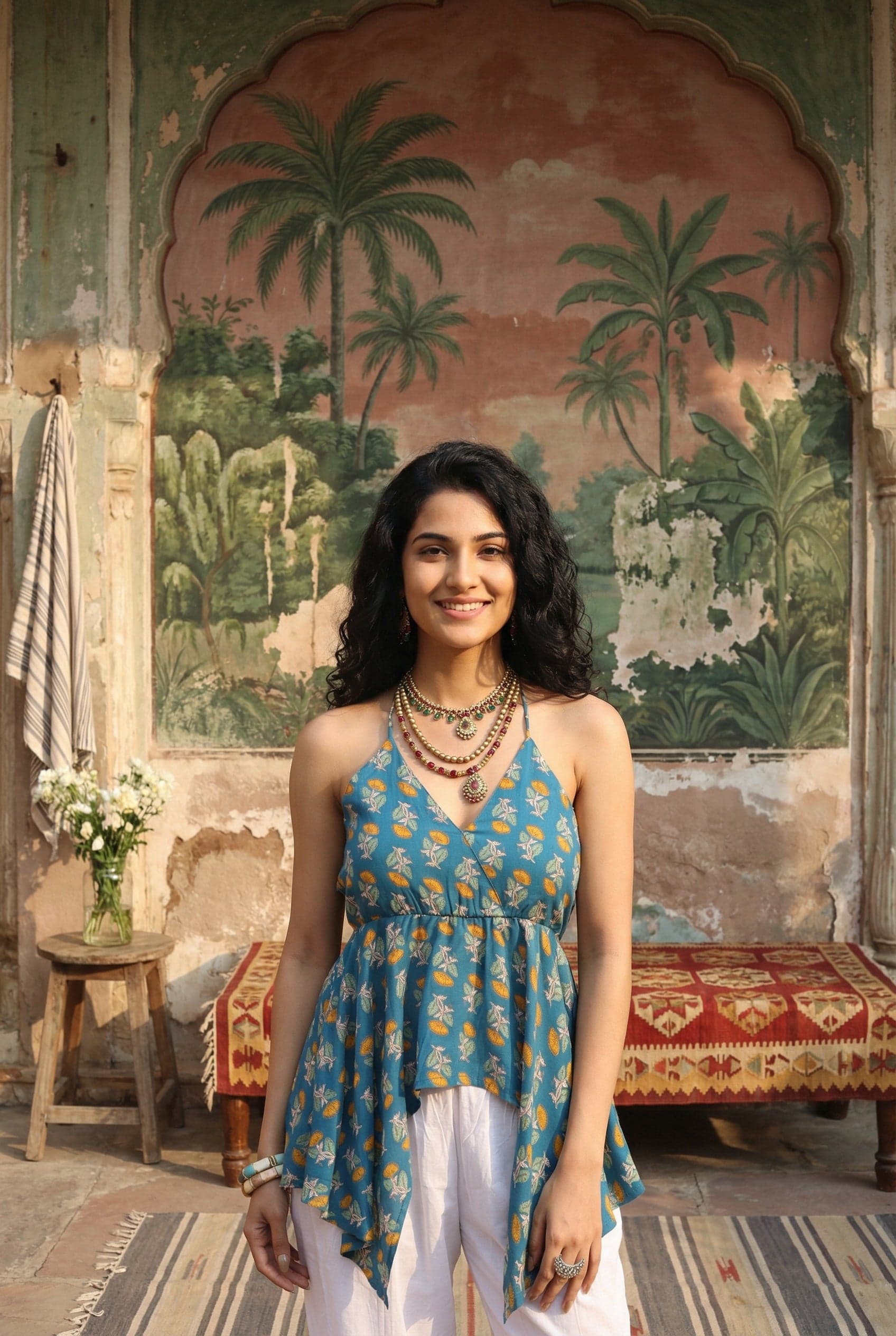 Blue Printed Sleeveless Dress women's wear lookbook image.