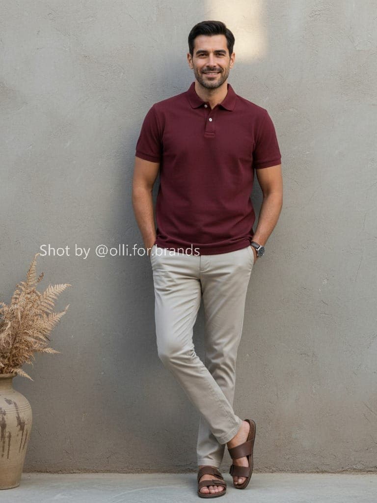 Maroon Polo and Cream Trouser men's wear lookbook image.