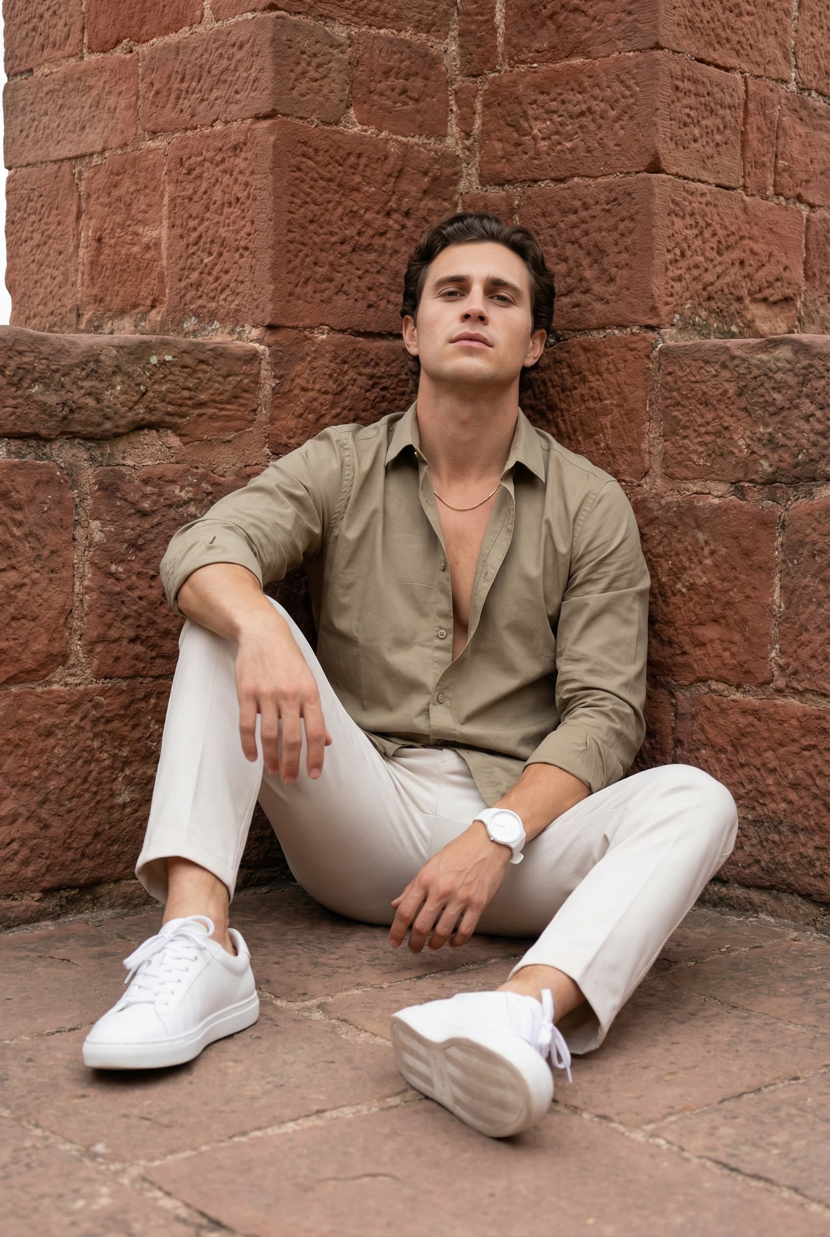 Man sitting against a rustic red stone wall wearing an olive green button-down shirt, white trousers, and white sneakers.
