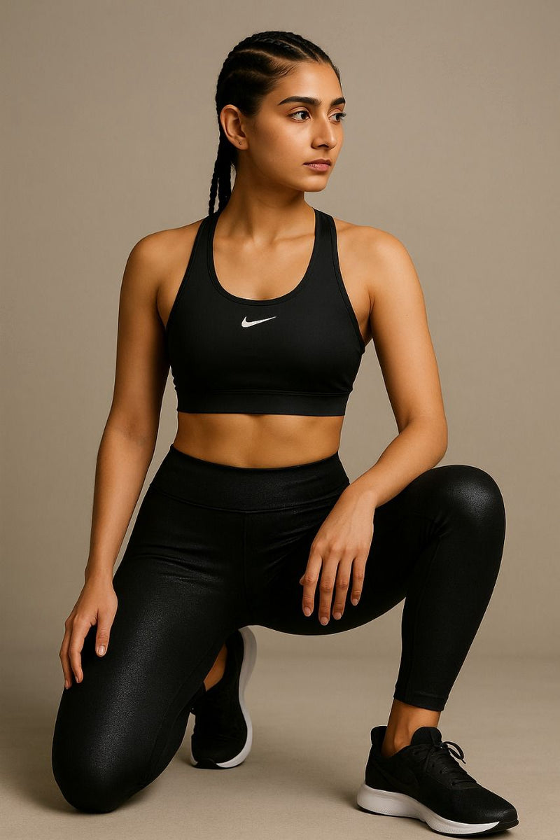 Best apparel photography for ecommerce website: Full-length shot of model showcasing comfortable women's workout clothing